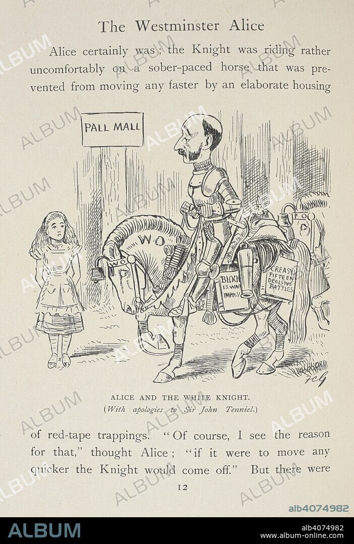 SAKI and FRANCIS CARRUTHERS GOULD. Alice in Pall Mall. Alice and the White Knight.  . The Westminster Alice ... Illustrated by F. Carruthers Gould. London : Westminster Gazette, 1902. Source: 12332.ff.15 page 12.
