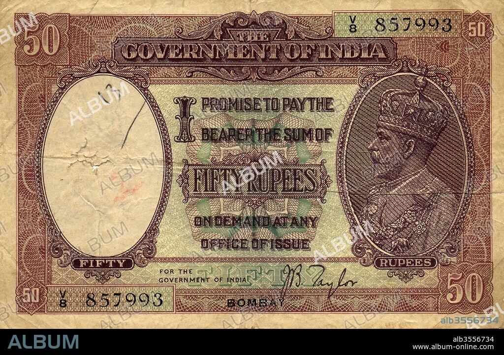 Rupees 50; 1930;  British India;  Issued at Bombay circle with the portrait of King     George V; India.