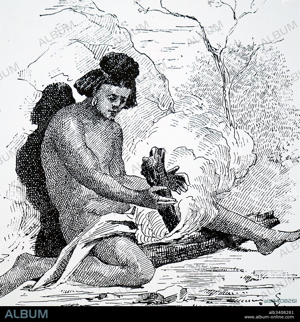 Engraving depicting a North American Indian using a bow drill, a prehistoric form of drilling tool, which was used to produce fire. Dated 19th Century.