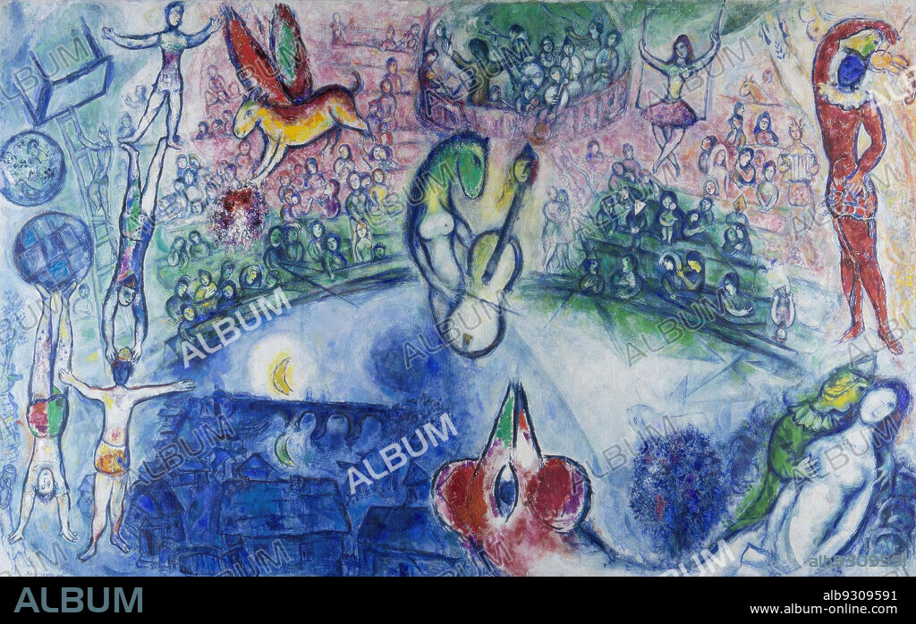 Marc Chagall/ La comedia del arte. Óleo sobre lienzo, 1958.  2,5 x 4 m, 1958, vestíbulo del teatro, Frankfurt.