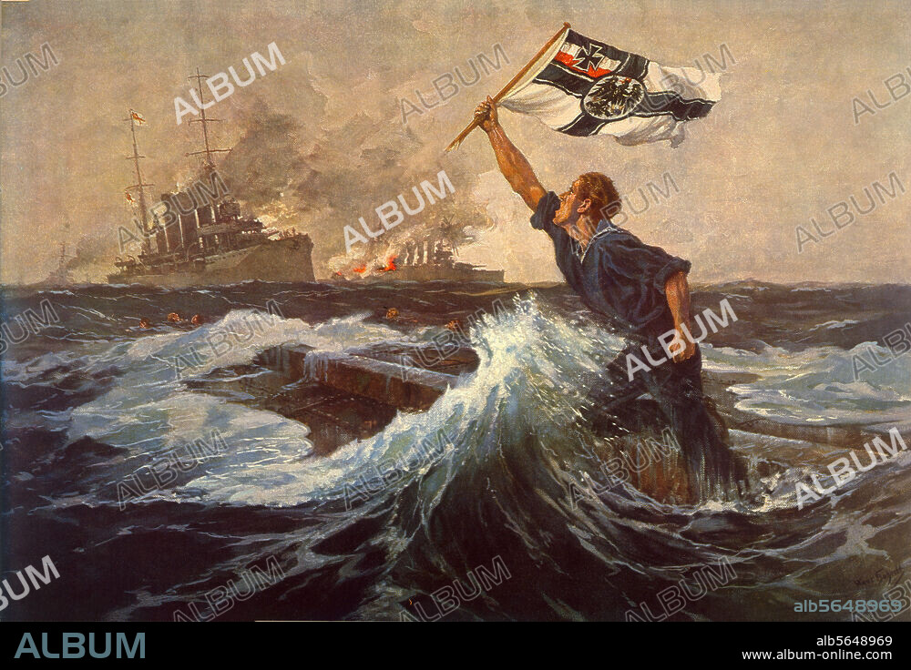 1. Weltkrieg / Seekrieg. Seeschlacht bei den Falklandinseln zwischen Deutschen und Engländern am 8. Dez. 1914. - "Der letzte Mann". (Untergang des Kreuzers "Leipzig" nach Artilleriebeschuß durch das engl. Geschwader unter Admiral Sturdee). Zeitgen. Gemälde von Hans Bohrdt (1857-1945).