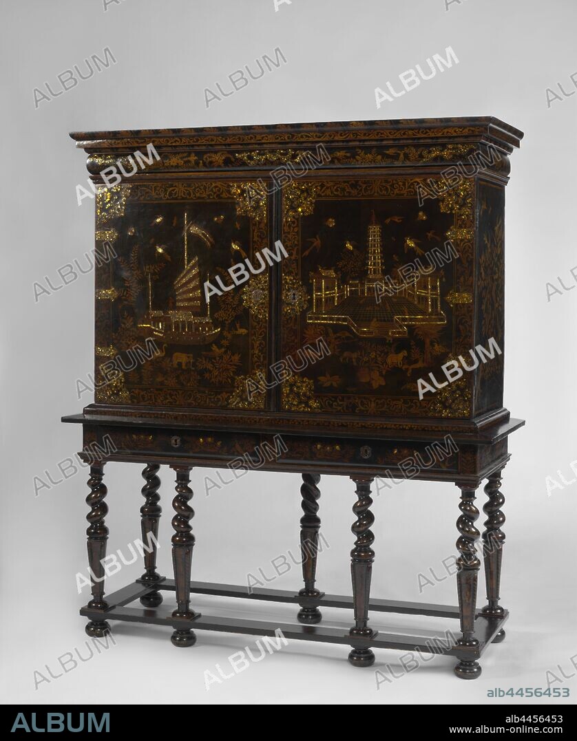 Cabinet on stand Cabinet with imitation laquerware scenes based on Nieuhof's 'Family ...', Cabinet of without decorated with lacquer work and mother-of-pearl. The cupboard rests on an open base with two drawers, four legs at the front and three at the back, connected by flat lines. The legs are partly baluster-shaped, partly twisted. The rectangular two-door wardrobe has a straight hood with a ball frieze and a profiled hood frame. Apart from the bottom lines, the entire furniture, including the doors and two drawers on the inside, is decorated with chinoiseries in gold lacquer, with mother-of-pearl accents., anonymous, Paris, c. 1670 - c. 1700, wood (plant material), mother of pearl, pine (wood), lacquering, h 186.0 cm × w 159.0 cm × d 60.5 cm w 145.0 cm d 52.0 cm.