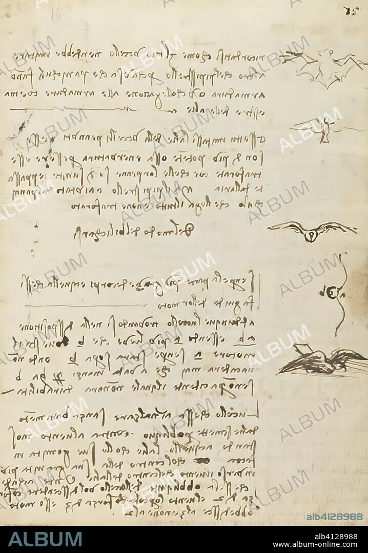 Codex on the Flight of Birds (Codice sul volo degli uccelli), by Leonardo da Vinci, c. 1505, 16th Century, manuscript on paper, 15,4 x 21,3 cm. Italy, Piedmont, Turin, Biblioteca Reale di Torino. Detail. A page from the Codex on the Flight of Birds.