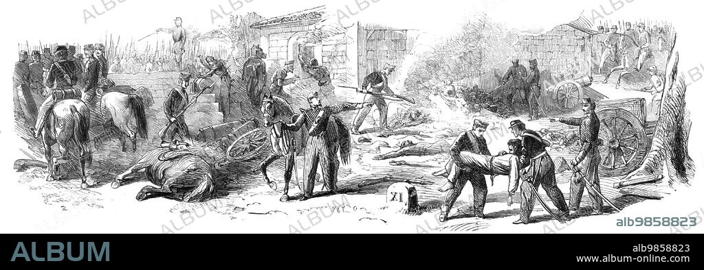 The Battle on the Volturno - battery where the Neapolitans burnt the wounded Garibaldians - from a sketch by T. Nast, 1860. War in Italy: scene showing '...a deed of abominable cruelty on the part of the Neapolitans...[who] piled up the dead and wounded; and if a poor fellow had strength to crawl out he was pushed back by the Neapolitan bayonets. There seems little doubt that the fight was marked by great ferocity...there is no end to the complaints of our soldiers that the Neapolitans killed our wounded. Several of them were found half burnt. Although we are no longer in Sicily, burning and plunder seem to be still the order of the day of the Neapolitan soldatesco. Not a farm building remains in the neighbourhood of Capua, and as the columns on Tuesday came down from the hills to Caserta they set fire to every village which lay on their road'. From "Illustrated London News", 1860.