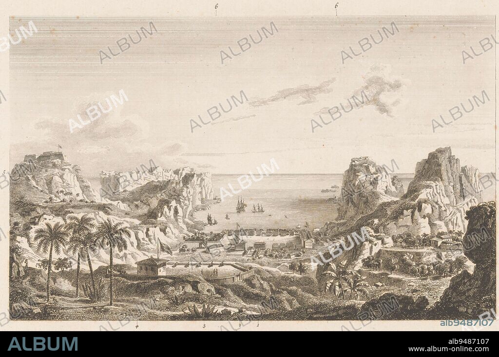 View of St Helena 2eme vue de l'isle de Ste Helene , print maker: Jean Jérôme Baugean, publisher: Jean Fréderic Ostervald, (mentioned on object), print maker: France, publisher: Paris, 1774 - 1819, paper, etching, h 202 mm × w 276 mm.