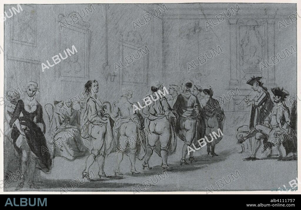 Prince Eugene of Savoy Vetting a Line-up of Prostitutes. Prins Eugenius van Savoye in het etablissement van Mme Traese op de Prinsengracht met revue van prostituées, ca. 1720. Draughtsman: Cornelis Troost. Dating: 1720 - 1730. Place: Northern Netherlands. Measurements: h 325 mm × w 513 mm.