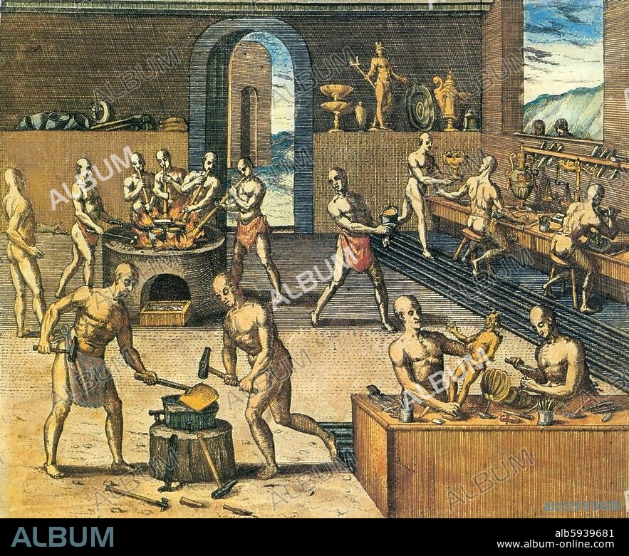 THEODOR DE BRY. Bry, Theodor de; 1528-1598. "In Peru findet man gar kunstreiche Goldarbeiter". Kupferstich, koloriert. Illustr. zu: H.Benzoni, Historieen (..). in dem Königreich Peru (..). In: America pars sexta, Frankfurt 1596. 6. Buch des de Bry'schen Reisewerkes; Reisen des Girolamo Benzoni nach Amerika 1541/56.