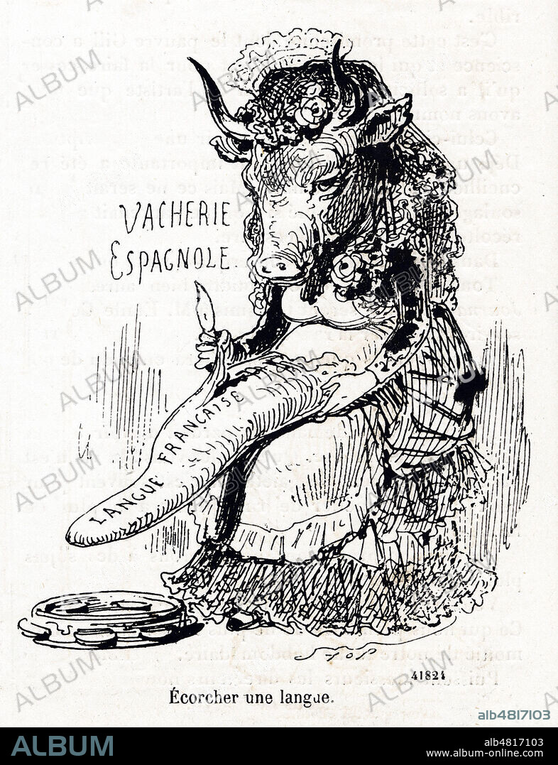 Ecorcher une langue (ou parler francais comme une vache espagnole). Caricature de STOP (1825-1899) pour sa Images et figures tiree de Le Journal amusant du 25 aout 1883. Credit : Collection Kharbine-Tapabor.