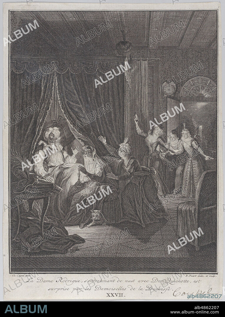 Plate 27: Doña Rodriguez, who is speaking at night with Don Quixote, is surprised by the ladies of the Duchess (La Dame Rodrigue, s'entretenant de nuit avec Don Quichotte, est suprise par les Demoiselles de las Duchesse), 1745.