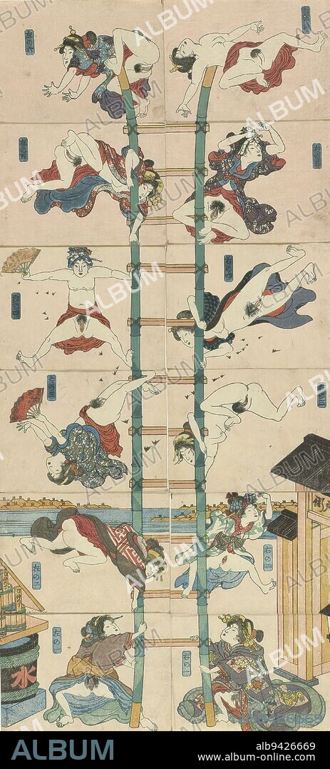 Series of twelve koban Shunga with prostitutes in the role of acrobatic firefighters, Series of twelve koban prints showing twelve half-naked women performing acrobatic feats on a ladder. Placed six above each other, the twelve numbered sheets form a parody of similar depictions of firefighters performing breakneck stunts. The inscriptions on the buckets in the second lower print on the left refer to Nakanocho street in the Yoshiwara district - Edo's prostitution district. Below that is the large water barrel that stood at the gate of the Yoshiwara; the gate is on the right. Possibly the twelve prayer cards form a calendar with references to the short and long months., print maker: Utagawa Kuniyoshi, c. 1830 - c. 1835, paper, height 91 mm × width 122 mm.