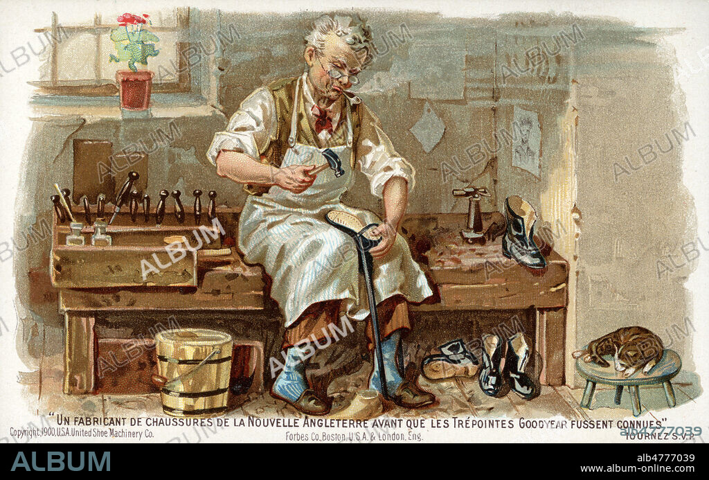 'Un fabricant de chaussures de la Nouvelle angleterre avant que les Trepointes Goodyear fussent connues'. Carte publicitaire de 1900. Illustration anonyme. Credit : Collection IM/KHARBINE-TAPABOR.