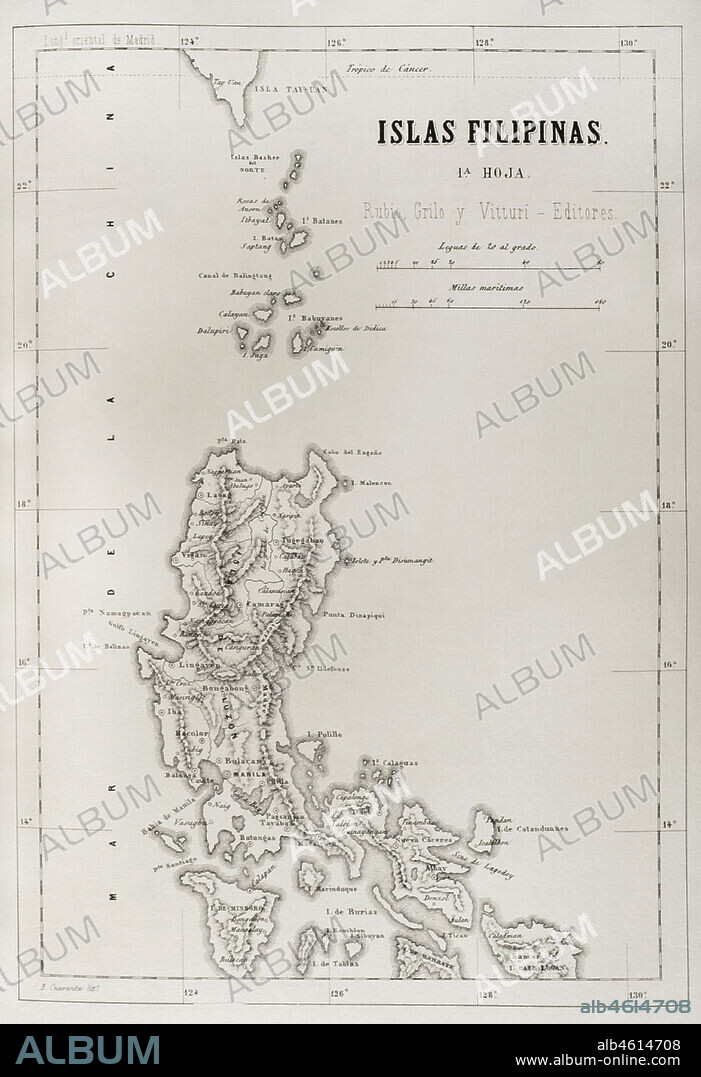 Mapa de las Islas Filipinas (época colonial española). Isla de Luzón. Grabado. Crónica General de España, Historia Ilustrada y Descriptiva de sus Provincias. Filipinas, 1871.