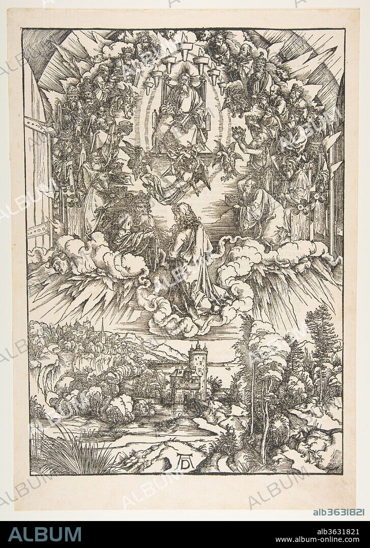 ALBERTO DURERO. Saint John Before God and the Elders, from The Apocalypse. Artist: Albrecht Dürer (German, Nuremberg 1471-1528 Nuremberg). Dimensions: sheet: 17 3/8 x 11 15/16 in. (44.1 x 30.3 cm)
plate: 15 1/2 x 10 15/16 in. (39.4 x 27.8 cm). Date: n.d..