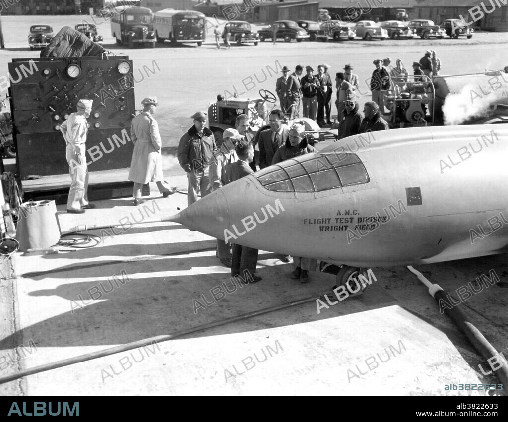 The world's first supersonic aircraft, the Bell X-1, piloted by Charles "Chuck" Yeager, flew faster than the speed of sound on October 14th, 1947. The X-1 was carried into the air under a converted B-29 bomber, and released at an altitude of 6800 meters over Muroc, California. The X-1 was powered by a four-chamber XLR-11 rocket engine that generated 26.5 kilonewtons of thrust. This pushed the aircraft to a speed of 1078 km/h at an altitude of 12,800 meters - equivalent to 1.015 times the speed of sound. Yeager unofficially named to aircraft "Glamorous Glennis," after his wife. It is now displayed at the Smithsonian.