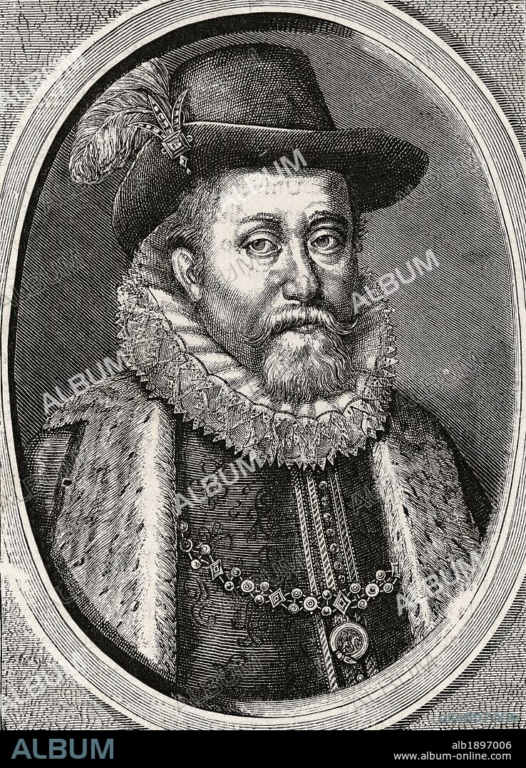 James VI and I (1566-1625). King of Scots as James VI from 24 July 1567 and King of England and Ireland as James I from 24 March 1603 until his death. Engraving.