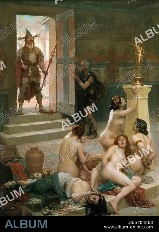 Prise et pillage de Rome par les Gaulois sous la conduite de Brennus, en 390 ou. 387 av. J.-C. "Brennus et sa part de butin". Huile sur toile, 1893, de Paul Joseph Jamin (1853-1903). H. 1,62 ; L. 1,18. La Rochelle, Musée des Beaux-Arts.