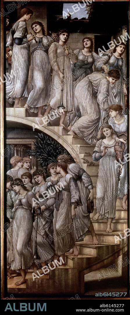 EDWARD BURNE-JONES. English school. The Golden Stairs. Oil on canvas (269 x 117 cm). London, Tate Gallery.