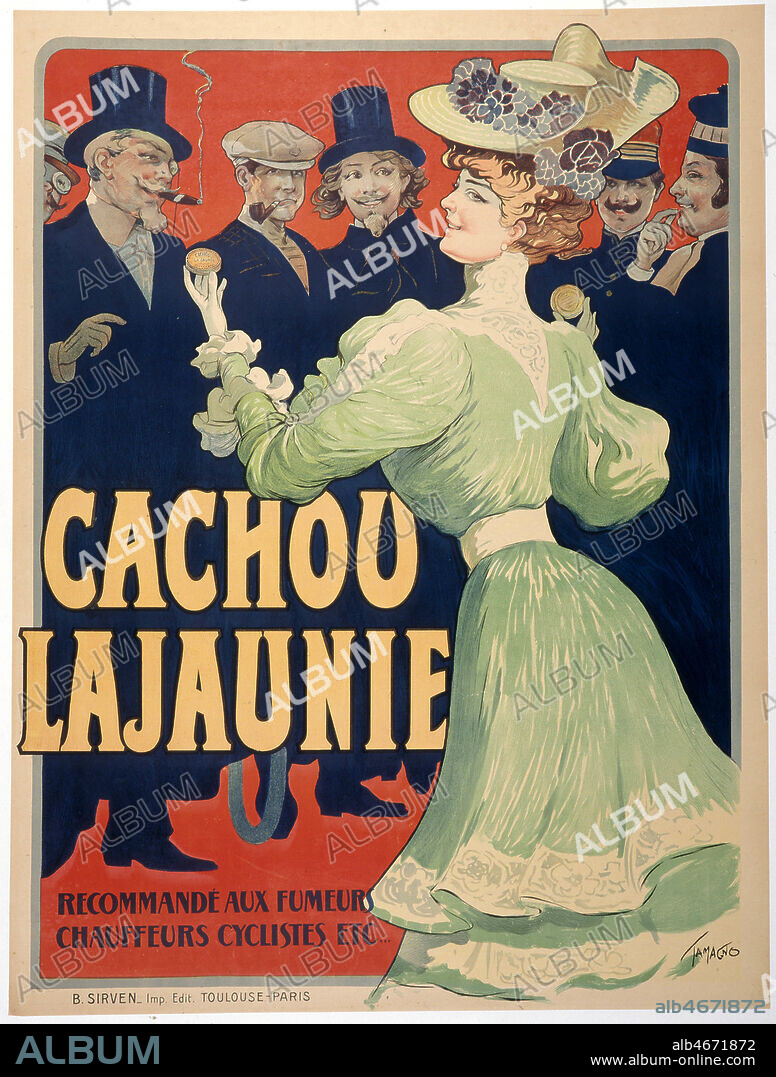 'Cachou Lajaunie, recommande aux fumeurs, chauffeurs, cyclistes etc.'. Affiche realisee par Francisco Nicolas TAMAGNO (1851-1933) (100x132cm). Credit : Coll. Galdoc-Grob/KHARBINE-TAPABOR.