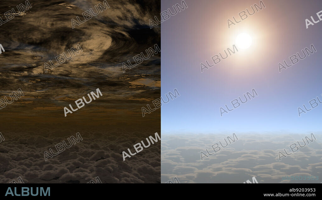 Scientists were excited to discover clear skies on a relatively small planet, about the size of Neptune, using the combined power of NASA's Hubble, Spitzer and Kepler space telescopes. The view from this planet, were it possible to fly a spaceship into its gaseous layers, is illustrated at right. Before now, all of the planets observed in this size range had been found to have high cloud layers that blocked the ability to detect molecules in the planet's atmosphere (illustrated at left). The clear planet, called HAT-P-11b, is gaseous with a rocky core, much like our own Neptune. Its atmosphere may have clouds deeper down, but the new observations show that the upper region is cloud-free. This good visibility enabled scientists to detect water vapor molecules in the planet's atmosphere. Release date September 24, 2014.
