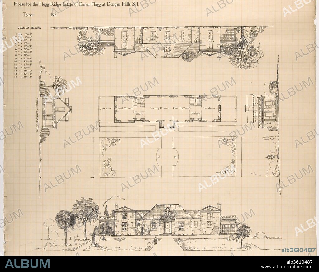House for Flegg Ridge, Estate of Ernest Flagg, at Dongan Hills, S. I. Artist: Ernest Flagg (American, Brooklyn, New York 1857-1947). Dimensions: sheet: 15 9/16 x 17 1/16 in. (39.5 x 43.4 cm). Date: 1890.