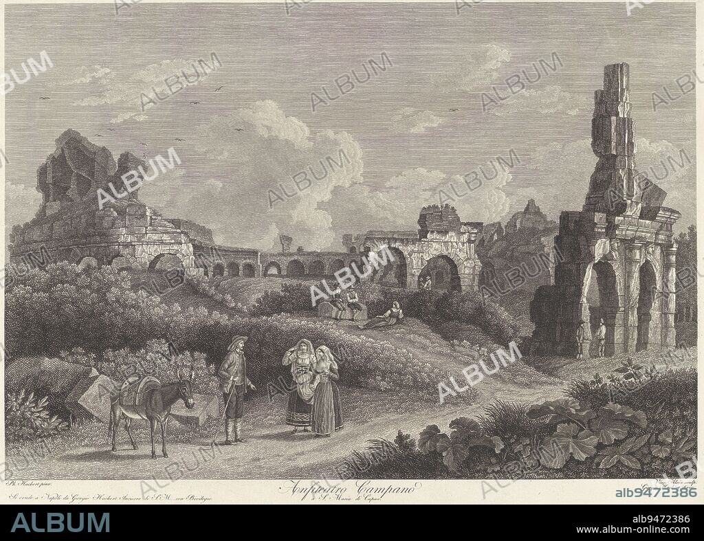 View of the ruins of the Capua amphitheatre near the town of Santa Maria Capua Vetere. Figures resting among the ruins. In the foreground two women, a man and a donkey. Title in lower margin, Amphitheatre of Capua Anfiteatro Campano a S. Maria di Capua., print maker: Vincenzo Alloja, (mentioned on object), after: Jacob Philipp Hackert, (mentioned on object), Georg Hackert, (mentioned on object), Italy, 1781 - 1820, paper, etching, h 400 mm × w 552 mm.