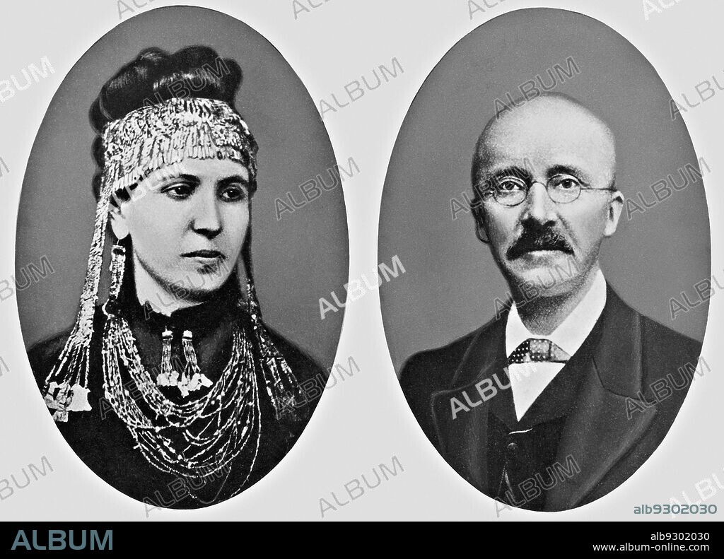 Heinrich Schliemann (1822-1890), a German archaeologist and his wife Sophie Schliemann. She wears an antique gold jewelry, the so-called "Treasure of Priam", which was found by her husband in Troy. (Date created: 01.01.1870-31.12.1875).