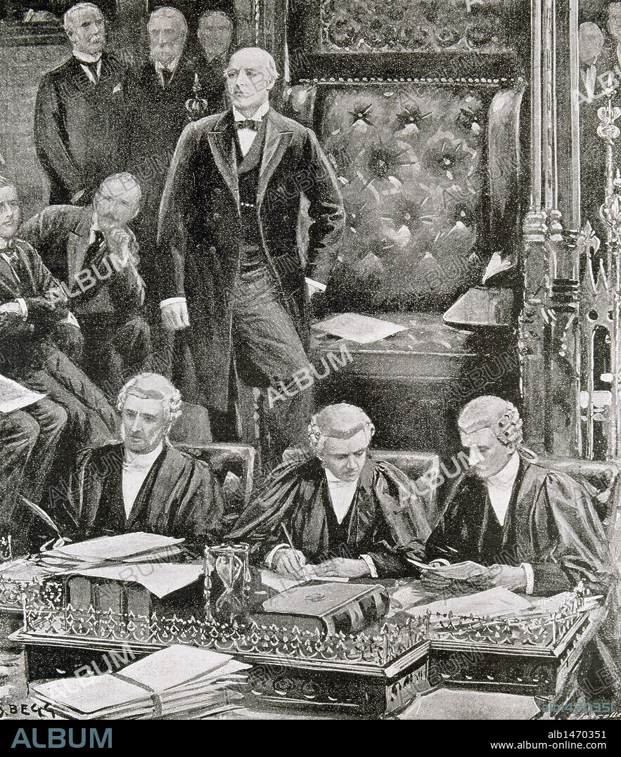 HISTORIA DE INGLATERRA. SIGLO XX. "SESION DE APERTURA DEL PARLAMENTO INGLES. M. GULLY DANDO GRACIAS A LOS MIEMBROS DEL PARLAMENTO ANTES DE TOMAR ASIENTO EN EL SILLON DE LA PRESIDENCIA". Grabado de la Ilustración Española y Americana, año 1900.