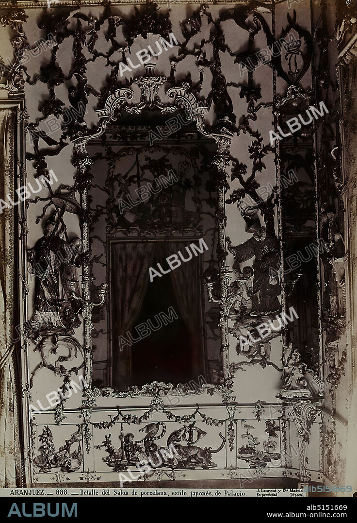 Jean Laurent, Aranjuez. detalle del Salon de porcelana, estilo japonés de Palacio, albumin paper, black and white positive process, image size: height: 34.5 cm; width: 25 cm, inscribed: recto and: exposed ARANJUEZ. 888. detalle del Salon de porcelana, estilo japonés de Palacio, J. Laurent y C.ia Madrid, Es propiedad, Déposé, reproductive photography, handicrafts, decorative arts, industrial design, ornaments, interior decoration (of a house), work of applied arts (ceramics).