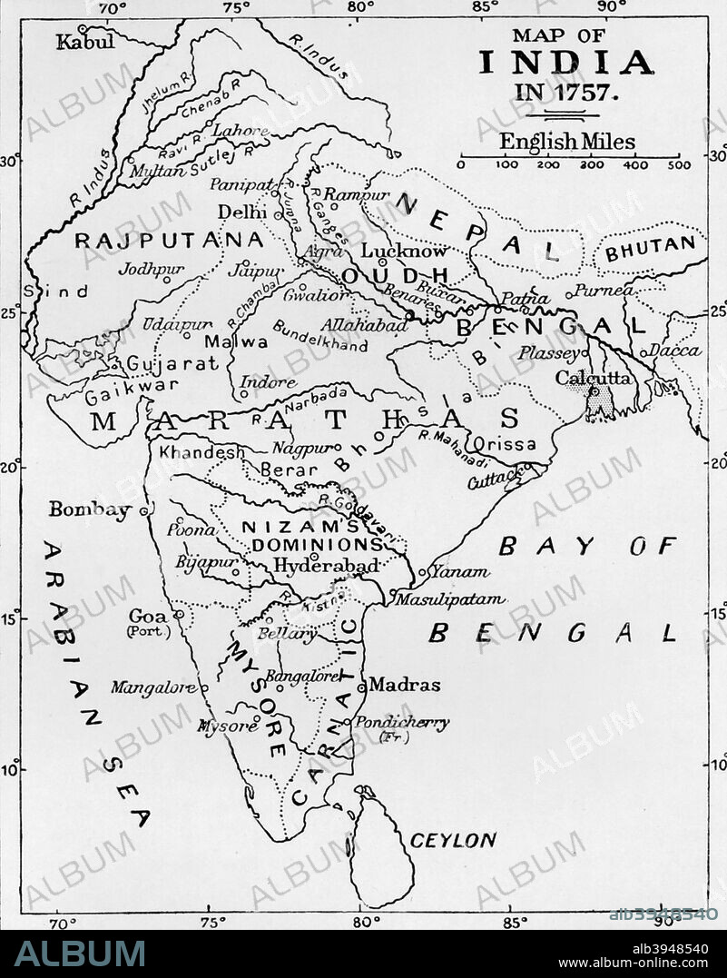 'Map of India in 1757', (c1912). From The Romance of India, edited by Herbert Strang. [Hodder & Stoughton, London, c1912].
