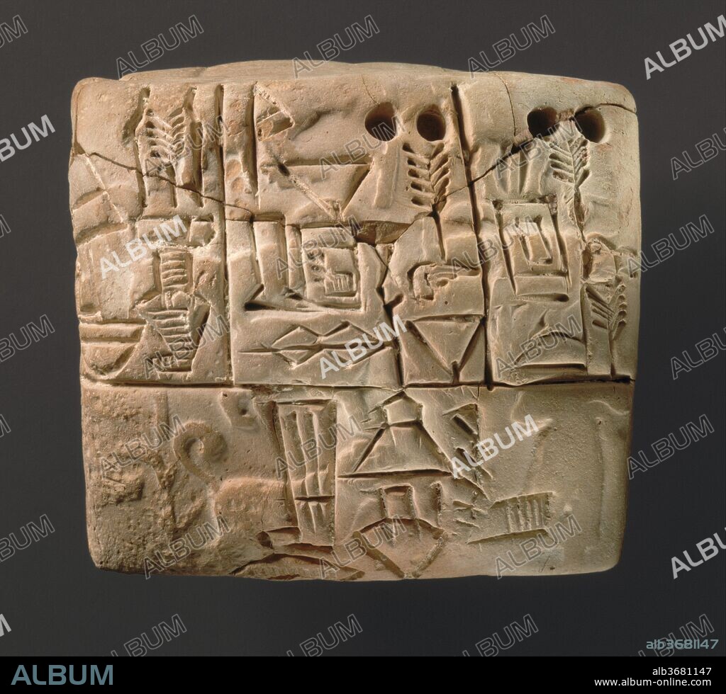 Cuneiform tablet: administrative account of barley distribution with cylinder seal impression of a male figure, hunting dogs, and boars. Culture: Sumerian. Dimensions: 2.17 x 2.36 x 1.63 in. (5.5 x 6 x 4.15 cm). Date: ca. 3100-2900 B.C..
Of the many legacies left by the ancient civilizations of southern Mesopotamia, the invention of writing is paramount. At the end of the fourth millennium B.C., written language developed in the region, first as pictographs and then evolving into abstract forms called cuneiform. The pictographs, like the ones on this tablet, are called proto-cuneiform and were drawn in the clay with a pointed implement. Circular impressions alongside the pictographs represented numerical symbols. Cuneiform (meaning wedge-shaped) script was written by pressing a reed pen or stylus with a wedge-shaped tip into a clay tablet. Clay, when dried to a somewhat hardened state, made a fine surface for writing, and when fired the records written on it became permanent.
Early writing was used primarily as a means of recording and storing economic information. This tablet most likely documents grain distributed by a large temple, although the absence of verbs in early texts makes them difficult to interpret with certainty. In addition to the writing that appears on this tablet, the imagery of the cylinder seal, which was incompletely impressed on both faces and the edges of the tablet before it was inscribed, also records information. This seal apparently has not survived. The seal impression depicts a male figure guiding two dogs on a leash and hunting or herding boars in a reed marsh. He is the so-called priest-king, a male figure who can be identified by his dress and pose. Here he appears in his role as the good shepherd who protects flocks from wild predators.
Adapted from, Art of the Ancient Near East: A Resource for Educators (2010).