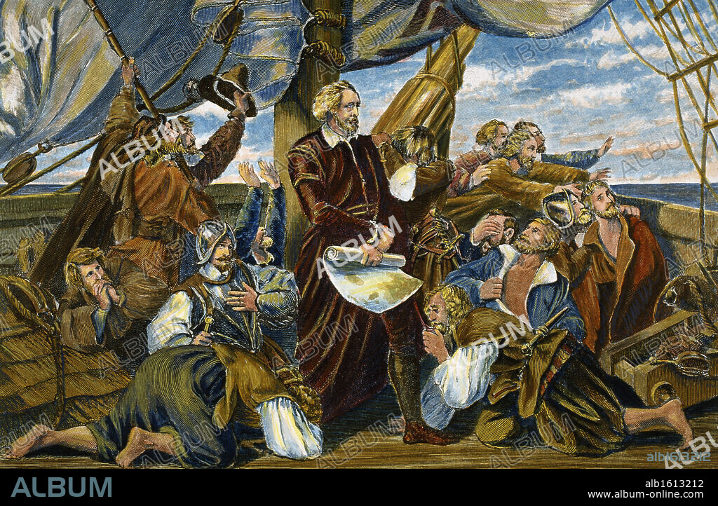 AMERICAN HISTORY. The First Sight of Land During Christopher Columbus's First Voyage   October 12, 1492   Stock Montage, Inc.