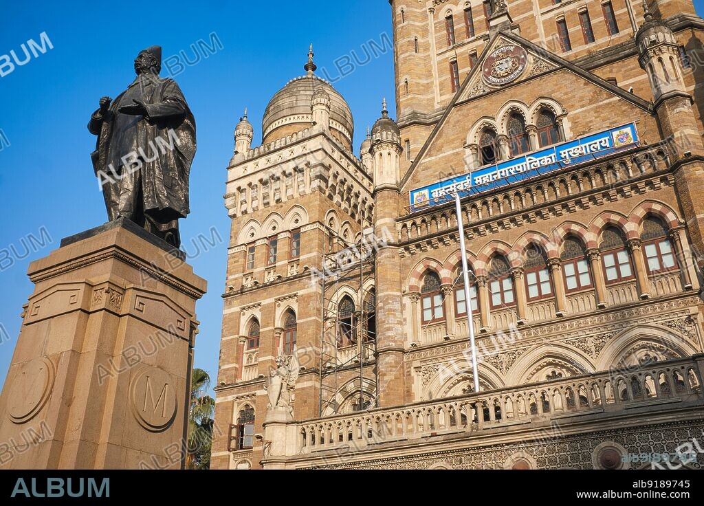 India: The Brihanmumbai Municipal Corporation (BMC) Building in Mumbai, with a statue of Sir Pherozeshah Merwanjee Mehta (1845 - 1915), Parsi politician and lawyer. Sir Pherozeshah Merwanjee Mehta was from Bombay. He was knighted by the British Government in India for his service to the law. He became the Municipal commissioner of Bombay Municipality in 1873 and its president four times Äì 1884, 1885, 1905 and 1911. Mehta was one of the founding members and President of the Indian National Congress in 1890 held at Calcutta.
