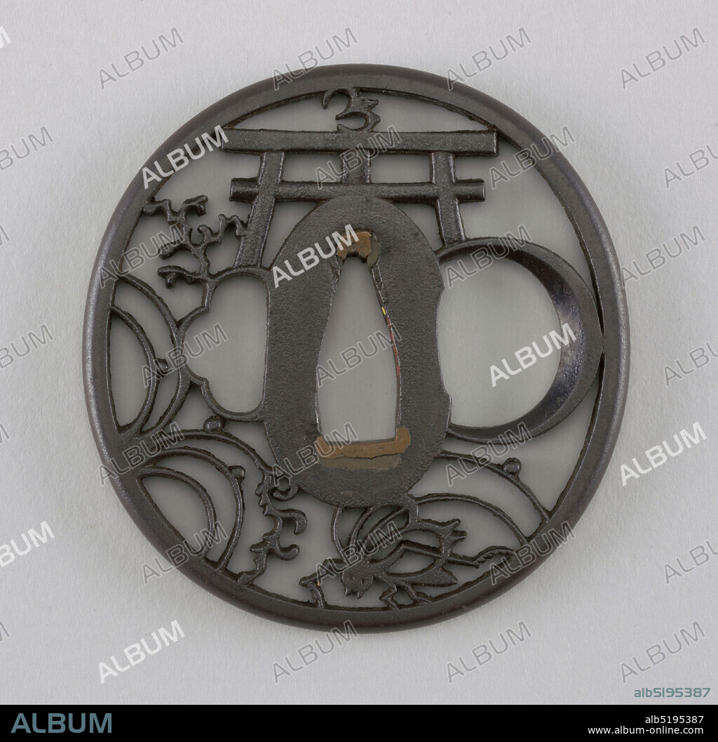 Tsuba, Iron, shakudo (a soft copper and gold alloy), Probably Akaska school of Edo. This iron tsuba is naga maru gata (round) in shape, and is crafted in the ji sukashi openwork style, with a positive design showing mika tsuki, korogi, ran and torii (crescent moon, cricket, orchid and shrine gate), possibly making an allusion to a poem. At the center is a wide nakago-ana, an opening through which the sword passes, with sekigane (plugs added to fit the tsuba to a sword) made of shakudo (a soft copper and gold alloy). Surrounding this is the seppadai, a flat oval area that has a migaki ji (smooth) surface finish. On either side are ryo-hitsu, openings for the kozuka (utility knife) and the kogai (skewer tool). At right is sashi ura, the side which faces the blade, whose opening takes the negative form of a moon. Opposite is the sashi omote side, which faces the sword hilt. Its tri-lobed opening is of the suhama type, and symbolically represents the coastline of Horai, the holy island of the Immortals. The rim of the tsuba is round, or maru-mimi., Japan, 19th century, metalwork, Decorative Arts, Tsuba.