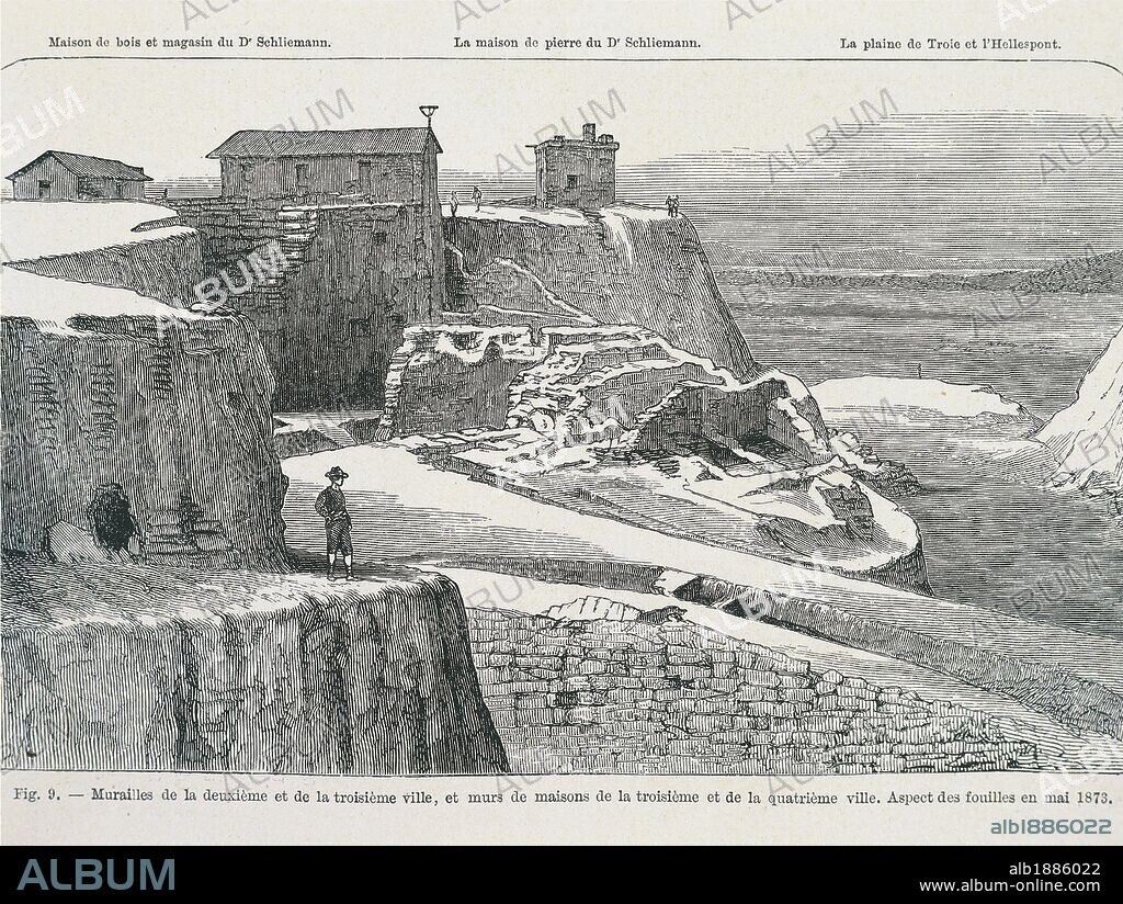Engraving portraying the Trojan walls during Heinrich Schliemann's (1822-1890) excavations at Ilios in Troy (UNESCO World Heritage List, 1998), in June 1873.