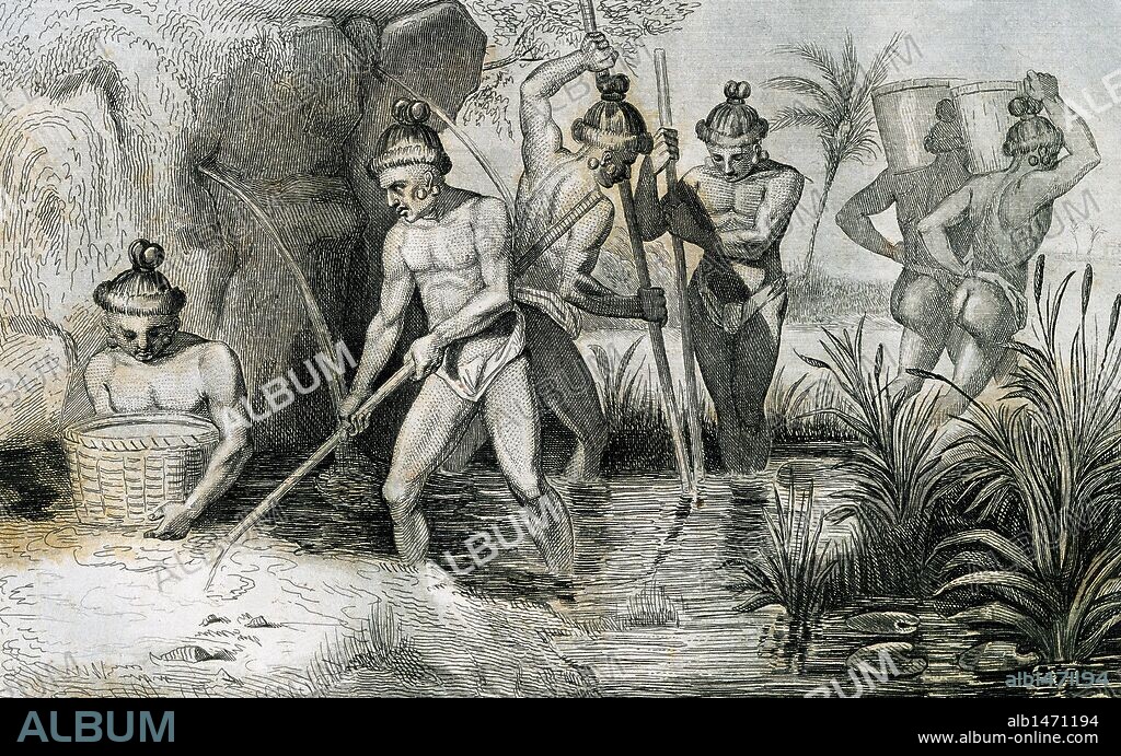 CONQUISTA ESPAÑOLA. AMERICA. SIGLO XVI. FLORIDA. "HABITANTES DE LA FLORIDA RECOGIENDO ORO" (en tiempos de la conquista). En 1512 Juan Ponce de León, conquistador y explorador español, descubrió la Península de la Florida y de la que tomó posesión en nombre de la Corona española. Grabado francés del año 1844. Dibujo de Demoraine y grabado por Taillant.