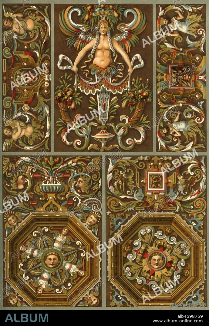 German Renaissance painted plaster ornament, (1898). 'Our representations illustrate further details of the ceiling in the large knight's hall of the castle of Heiligenberg mentioned with Plate 72. This ceiling is carved entirely of lime-wood and profusely coloured, specially with blue, red, green, gold and silver. But in spite of this richness of colours and the surprising variety of foliage, tendrils, ribbon-work, figures etc. it does not in the least appear overladen or unquiet, but the total impression on the eye is, as mentioned before, throughout agreeable and harmonious'. Schloss Heiligenberg, in Baden-Württemberg, Germany, was built in the 13th century and remodelled in the Renaissance style in the late 16th century. Plate 76 from "The Historic Styles of Ornament" translated from the German of H. Dolmetsch. [B.T. Batford, London, 1898].