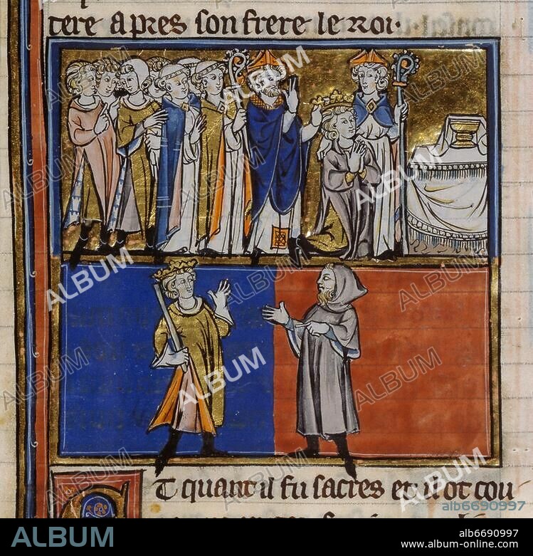 Uther Pendragon; legendary King of Roman Britain, father of King Arthur; c. 410 - c. 495. Coronation of King Uther Pendragon. French book illumination, c. 1280/1290. Illustration by Robert of Boron, L'Estoire de Merlin. From a collective manuscript of the Arthurian Legend /. Roman arthurien), On vellum. Ms. français 95, fol. 141 r, Paris, Bibliothèque Nationale.