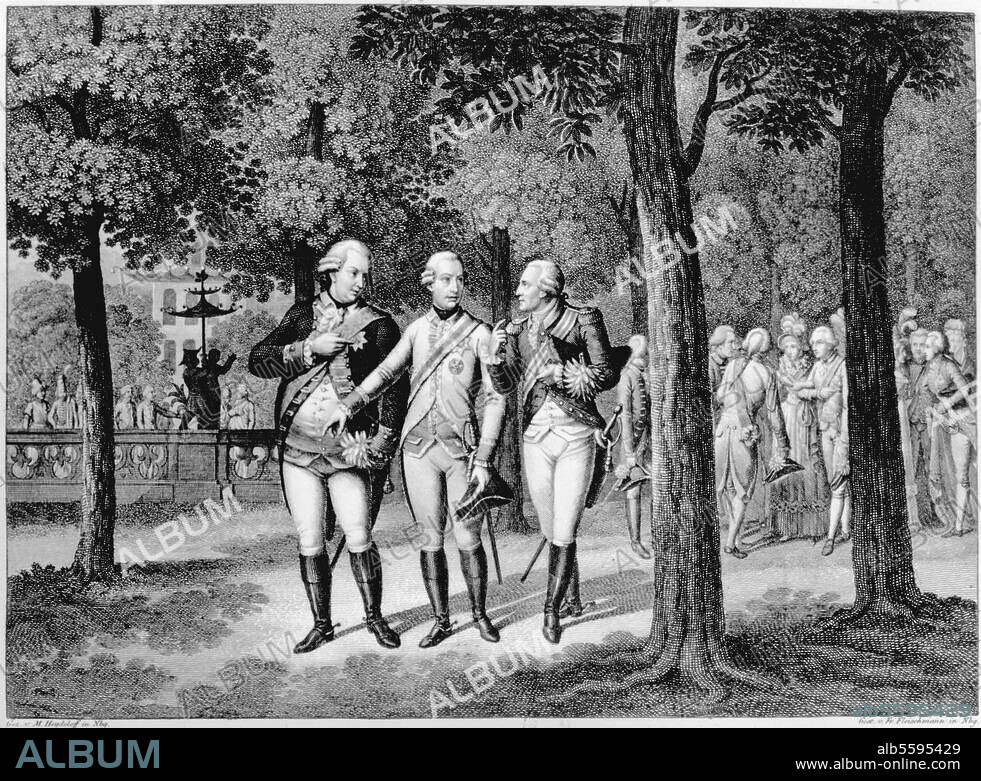 Deklaration von Pillnitz, 27. August. 1791. (Österreich und Preußen appellieren an die Solidarität der europäisch. Souveräne gegen die Franz. Revolution). - Treffen Kaiser Leopolds II., Friedrich Wilhelms II. v. Preußen und Friedrich Augusts III. von Sachsen, 25-27. Aug.- Kupferstich, um 1820, von Friedrich Fleischmann nach Manfred Heideloff. Paris, Bibliothèque Nationale.