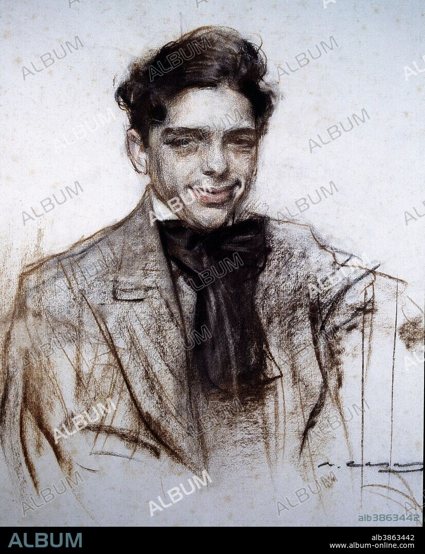 LUIS BAGARIA. DIBUJANTE CARITACURISTA ESPAÑOL . BARCELONA 1882 - 1946. DIBUJO AL CARBON DE RAMON CASAS. MUSEO DE ARTE MODERNO . BARCELONA.
