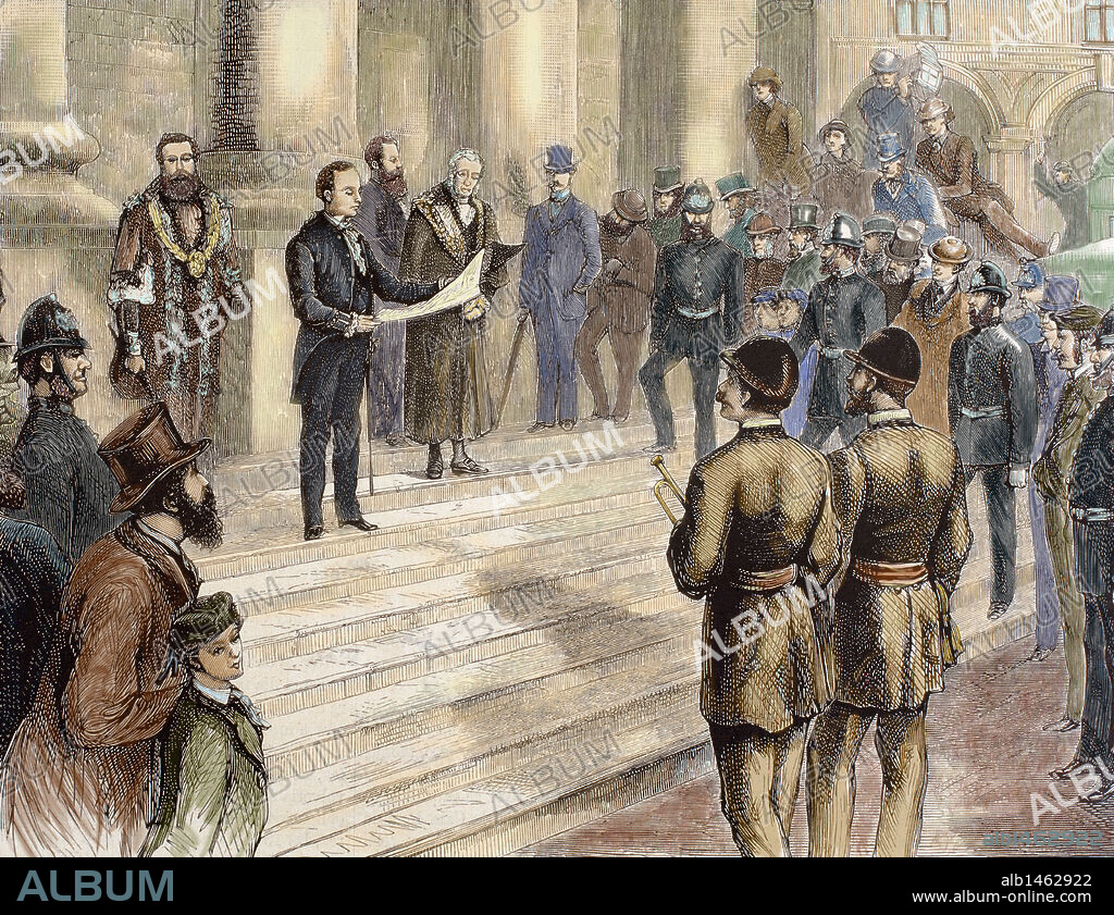 HISTORIA DE GRAN BRETAÑA. S. XIX. LONDRES. "PROCLAMACION OFICIAL DE LA REINA VICTORIA (1819-1901) COMO EMPERATRIZ DE LA INDIA EN LA ESCALINATA DE LA BOLSA". Grabado coloreado de "La Ilustración Española y Americana". Año 1876.