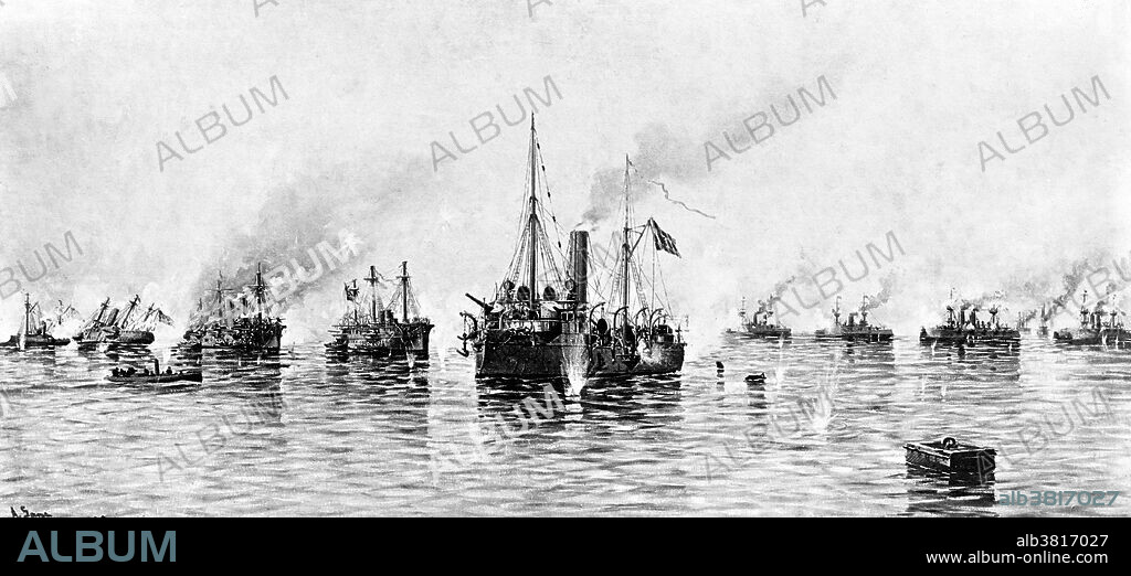 The Battle of Manila Bay took place on May 1, 1898, 5:30 A.M. till 12:50 P.M. (noon) during the Spanish-American War. The American Asiatic Squadron under Commodore George Dewey engaged and destroyed the Spanish Pacific Squadron under Admiral Patricio Montojo. The battle took place in Manila Bay in the Philippines, and was the first major engagement of the Spanish-American War. The battle was one of the most decisive naval battles in history and marked the end of the Spanish colonial period in Philippine history. The Spanish-American War was a conflict in 1898 between Spain and the United States, the result of US intervention in the Cuban War of Independence. Detroit Publishing Company, undated.