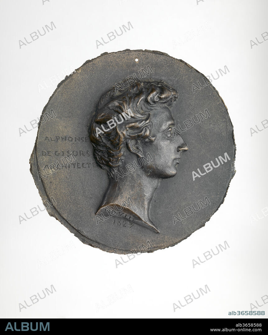 Alphonse de Gisors (1796-1866). Artist: Medalist: Pierre Jean David d'Angers (French, Angers 1788-1856 Paris). Culture: French. Dimensions: Overall (confirmed, irregular diameter): 4 7/16 × 4 1/2 × 5/8 in. (11.3 × 11.5 × 1.6 cm). Date: 1827.
Pierre-Jean David d'Angers was the most prolific and one of the most important French sculptors of the first half of the nineteenth century.  Throughout his almost fifty-year career (1819-1856) David remained true to his conviction that sculptural monuments dedicated to the achievements of great men and women most permanently and vividly express the greatness of a people.  He continuously sought commissions for monuments portraying historical and contemporary figures whom he admired in order to commit their contributions to posterity.  His most famous public commission, the figurative pediment of the Pantheon in Paris (1830-1837), which commemorates great men and was dedicated by a grateful nation, exemplifies these life-long principles. 
David d'Angers extended his definition of public monuments to include portrait medallions. In the 1820s he dedicated himself to a personal campaign of creating contemporary and retrospective medallic portraits of illustrious sitters.  By the end of his life David had executed almost five-hundred portrait medallions, frequently travelling great distances to model his sitters from life.  The medallions most often were not commissioned.  David himself chose whom he deemed worthy of inclusion into his medallic pantheon.  David also did not profit from the portraits.  He generally delivered his wax models to professional founders for casting and dissemination through sale.
This portrait of Alphonse de Gisors, which is dated 1827, was made at the beginning of David's medallic project.  The medallion celebrates a youthful architect who, although promoted in 1824 to the position of "Architecte" in the department of "Bâtiments Civils" (public buildings), had yet to complete any major works.  Gisors was responsible for the preservation and restoration of the nation's public buildings and palaces.  In the mid 1820s David occasionally was employed by the Bâtiments, and he may have come to know Gisors through this connection.  David's portrait of Gisors thus commemorates the shared ideals of a sculptor and an architect who both were embarking on their careers as creators of public monuments.

The medal, which is attractively patinated but untrimmed, is the only unfinished example known. Finished medals of Gisors (Louvre, Paris and the Galerie David d'Angers, Musées d'Angers) are dated 1830.