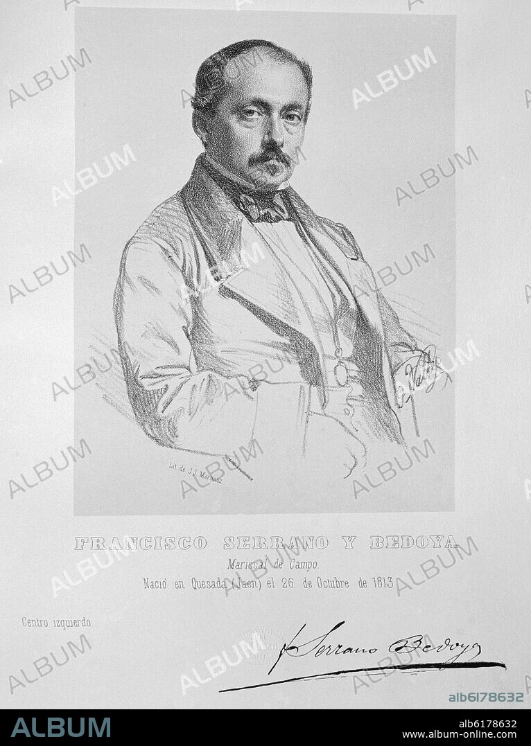 JOSE VALLEJO Y GALEAZO. FRANCISCO SERRANO Y BEDOYA 1813/1882- MARISCAL DE CAMPO-DIPUTADO SIGLO XIX- LITOGRAFIA POR JJ MARTINEZ.