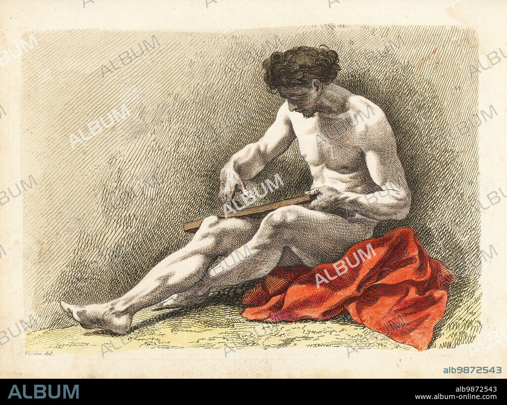 Sketch of a naked male figure with a wooden board and crimson sheet. Handcoloured copperplate engraving after a male academy nude by Charles-Andre van Loo from Robert Sayers The Artists Vade Mecum, Being the Whole Art of Drawing, London, 1766.