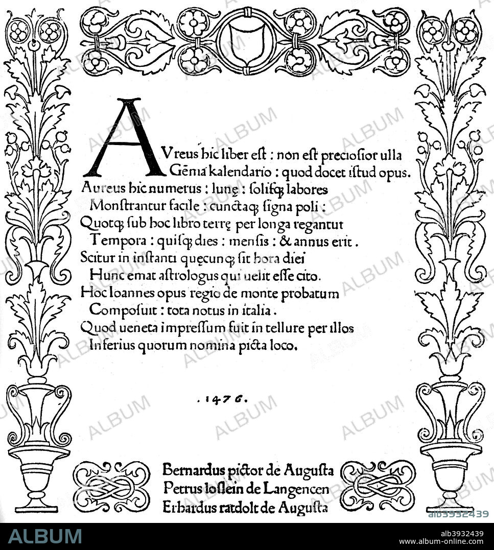 Title page of Kalendarium by Regiomontanus, 1476, (1893). Regiomontanus (Johannes Mueller von Konigsberg) (1436-1476) was a German astronomer, mathematician and astrologer. An illustration from A Short History of the English People, by John Richard Green, illustrated edition, Volume II, Macmillan and Co, London, New York, 1893.