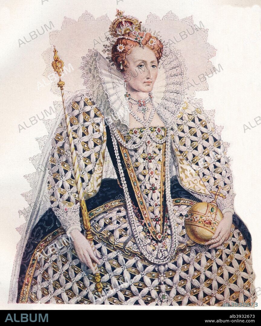 Elizabeth, Queen of England, in the dress in which she went to return thanks for the Defeat of the Spanish Armada, 1588. After Issac Oliver (c1565-1617). From The Connoisseur Vol. IV [Otto Limited, London, 1902.].
