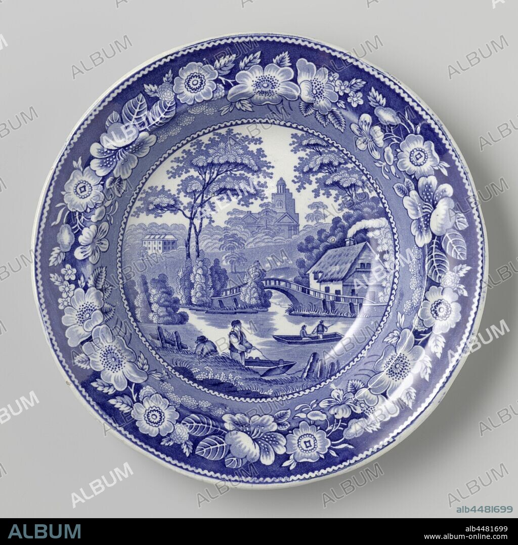 Plate with two men in a boat on the shelf, Plate of earthenware with liquid-blue transfer decor. On the shelf a depiction of two times two men in a boat, with a bridge and some buildings in the background. The edge of the plate with a wreath of flowers and leaves and a wavy border., anonymous, England, c. 1830 - c. 1890, earthenware, h 4.5 cm × d 25.8 cm.