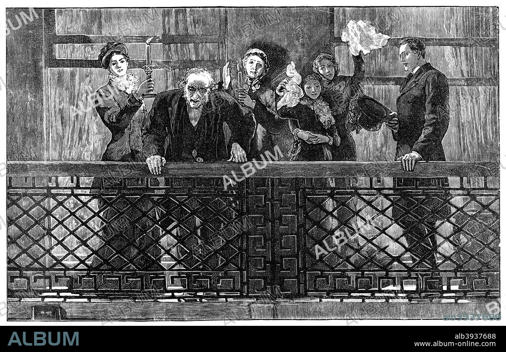 'Mr Gladstone Addressing the Crowd from the Balcony', late 19th century. 'After the Midlothian Victory at Lord Rosebery's House, George Street, Edinburgh'. William Ewart Gladstone MP (1809-1898), British Liberal Prime Minister, was born in Liverpool and educated at Oxford from where in 1832 he embarked on his political career. He became Prime Minister in 1868, and then a further two times in 1880 and 1886. Whilst in power Gladstone brought in major reforms to Ireland and established a system of national education in England.