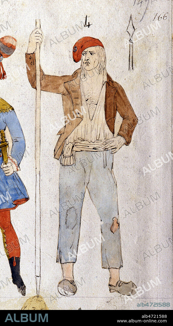 'Revolutionnaire sans-culotte avec son bonnet phrygien, son pantalon et ses sabots' Aquarelle realisee vers 1795. (19e s., 19eme s., XIXeme s.) Credit: Collection Grob/ KHARBINE TAPABOR.