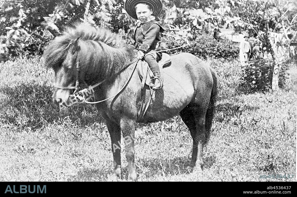 Negative - Boy on Shetland Pony, Australia, circa 1895, A small boy sitting on the back of a shetland pony, he is wearing a large hat and boots. The boy is holding the reigns and sitting on a saddle. There are bushes and trees in the background, and another child is seen to the right.